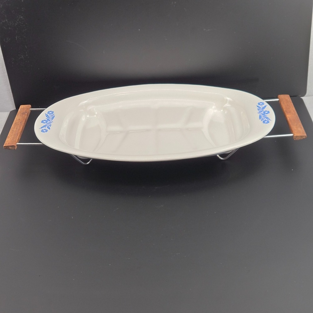 Vintage CorningWare Blue Cornflower P-19 Oval Platter Meat Tray with Cradle Rack